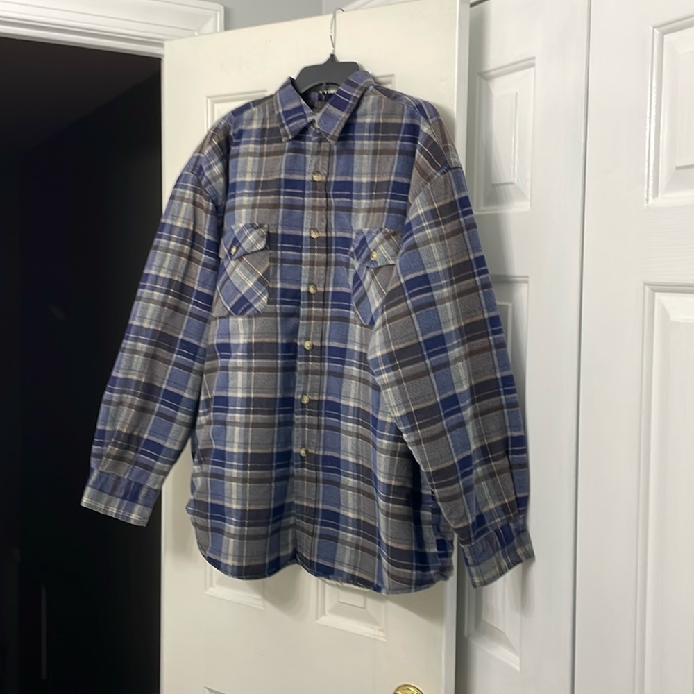 Preowned button-down men’s plaid blue color shirt